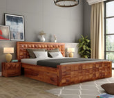 ONIJA Furniture Solid Sheesham Wood King Size Bed with Drawer Storage Wooden Double Bed Palang Bed for Bedroom Living Room Furniture - HONEY FINISH